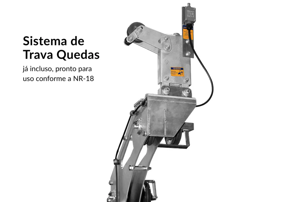 Sistema de trava-quedas automático e freio absoluto do balancim elétrico — detalhe do mecanismo de segurança dupla — Rentalcom São Paulo