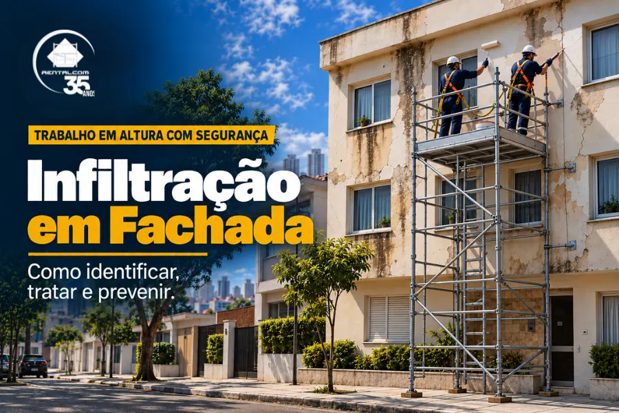 Infiltração em fachada de prédio em tratamento por equipe em andaime tubular, Rentalcom São Paulo
